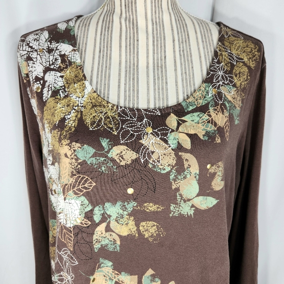 Gloria Vanderbilt Gizella Brown Floral Print & Flat Studs Long Sleeve Top Sz PXL - Picture 2 of 11